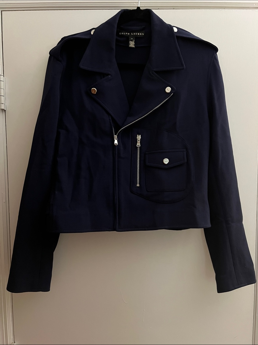 Ralph Lauren Black Label Navy Cropped Asymmetrical Wool Zip Jacket